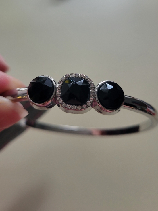 paparazzi Jewelry - Paparazzi Black Crystal Three-Stone Silver Bangle Bracelet